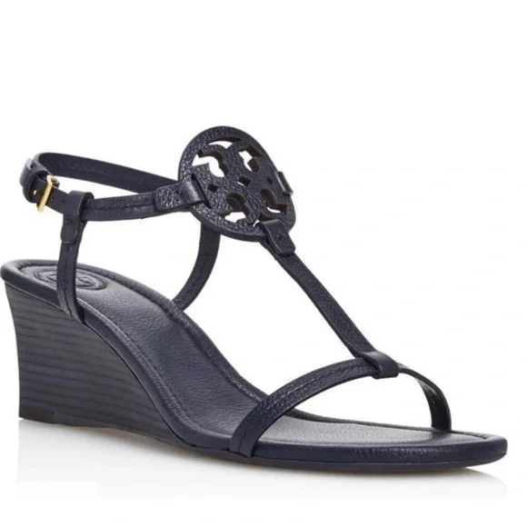 Tory Burch Navy Tumbled Leather Mini Miller 60MM Wedge Sandals - Picture 13 of 14